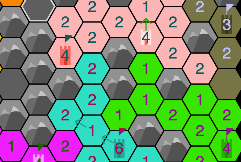 Hexerals gameplay — some robots bumbling around the game board.
